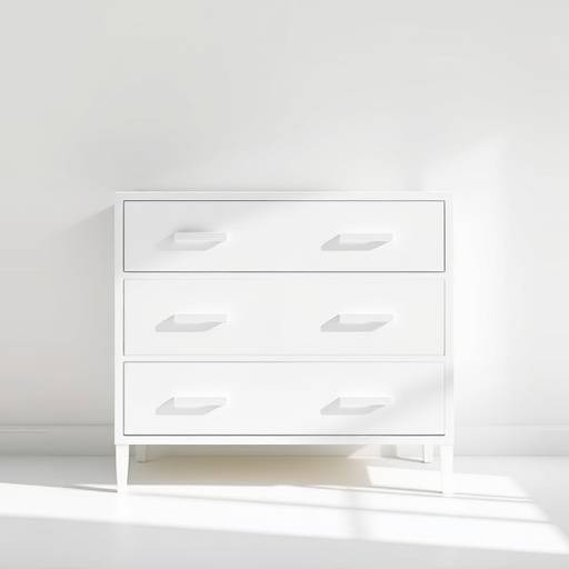 Bilde av en hvit kommode med minimalistisk design og fire skuffer